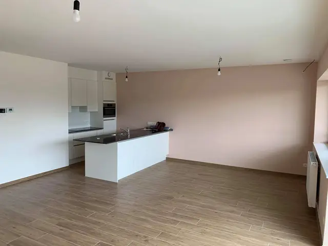 Schilderwerken Antwerpen: open leefruimte met keuken, muren en plafond geschilderd door Lecom Painting
